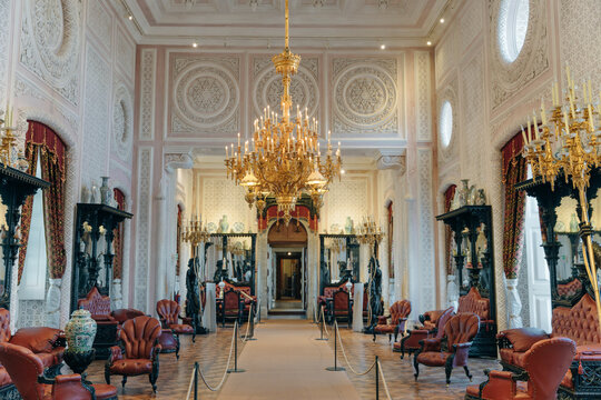 The Great Hall inside the Romanticist Pena Palace. Queluz, Portugal - Dec, 2021