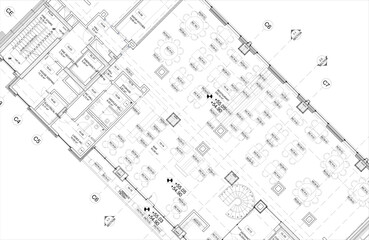 Blueprint drawing of a furnished restaurant, Architectural plan illustation, Project of a modern restaurant design, Top view of a cafe concept, 2D project CAD, building, construction, architecture