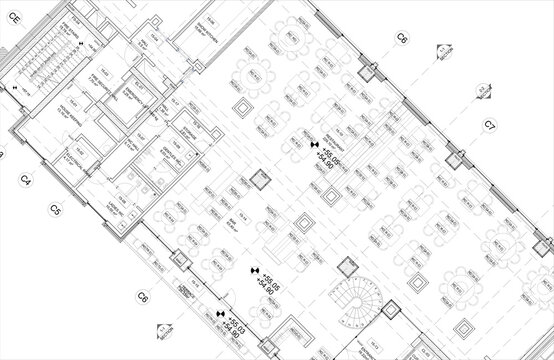 Blueprint Drawing Of A Furnished Restaurant, Architectural Plan Illustation, Project Of A Modern Restaurant Design, Top View Of A Cafe Concept, 2D Project CAD, Building, Construction, Architecture