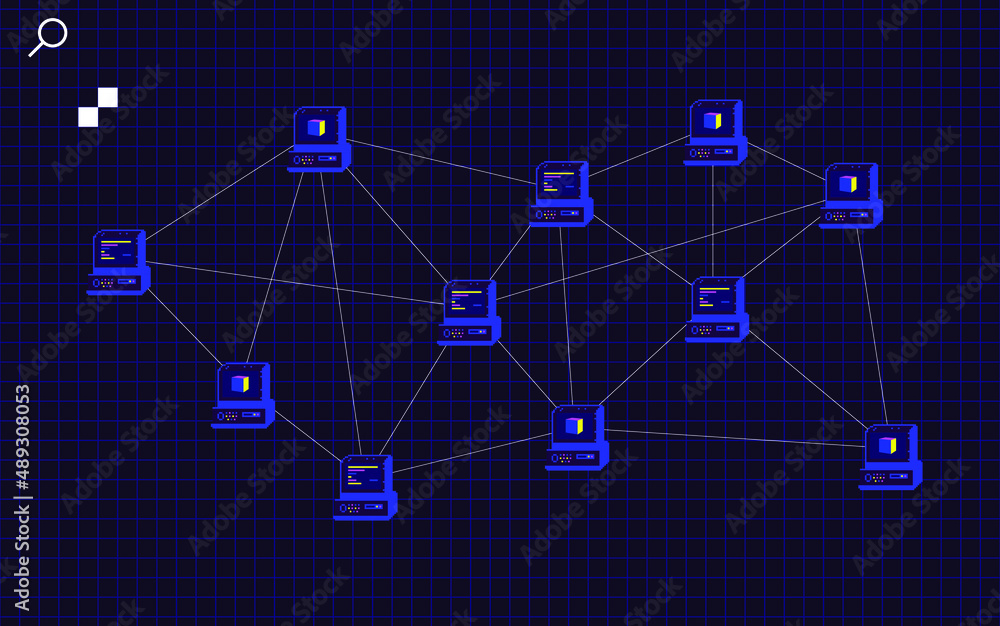 Aufkleber User retro computer internet data virtual connect network. Blockchain cryptocurrency technology design. Future cyber background template.