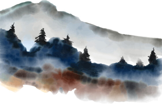 Watercolour style background of a mountain landscape