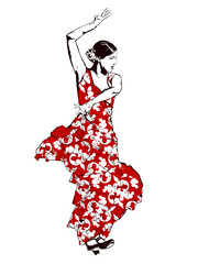 Spanish girl in red dress dances a flamenco