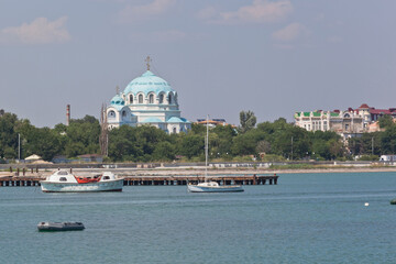 View from the sea on the Cathedral of St. Nicholas the Wonderworker in the city of Evpatoria, Crimea