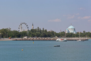 View from the sea on the Tereshkova embankment in the resort town of Evpatoria, Crimea