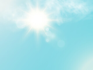 The bright sun shines with warm rays, on
  blue background with clouds. vector illustration