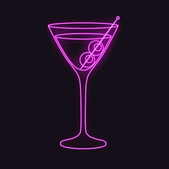Neon martini cocktail. Vector illustration isolated on dark background