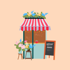 street small store, market. Market with flowers and a chalkboard. Chalkboard has welcome lettering and menu. Vector illustration EPS8