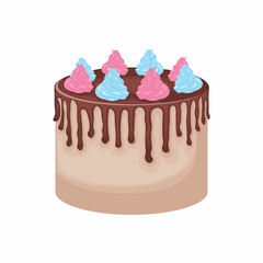 A big cake. Delicious sponge cake, poured with chocolate. Chocolate cake decorated with whipped cream. Vector illustration isolated on a white background