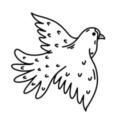 Flying dove vector icon. Hand drawn illustration isolated on white background. Peace bird, animal sketch. Symbol of hope, love, friendship. Religious sign. Monochrome outline, doodle