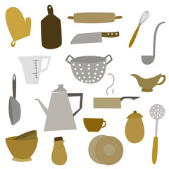 Kitchen utensils set. Kitchenware, cookware, kitchen  collection. Tools for food preparation. Vector illustration.