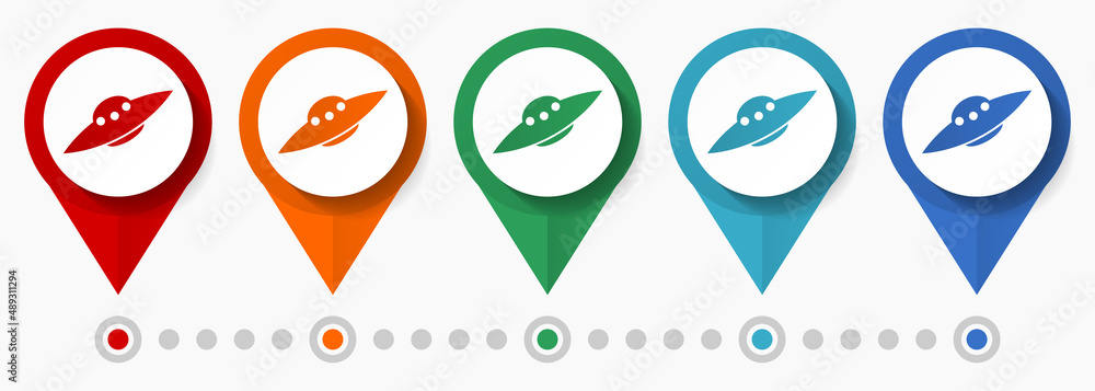 Poster alien spaceship concept vector icon set, flat design ufo pointers, infographic template easy to edit