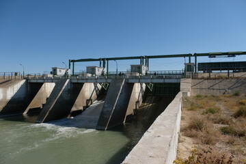 Aralsk, Kazakhstan - 10.06.2020 : The territory of the Kokaral dam. Regulation of the water level in the small Aral Sea.