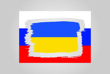 Two flags of Russia and Ukraine with a brush, embedded in each other. Unity and peace, no war.