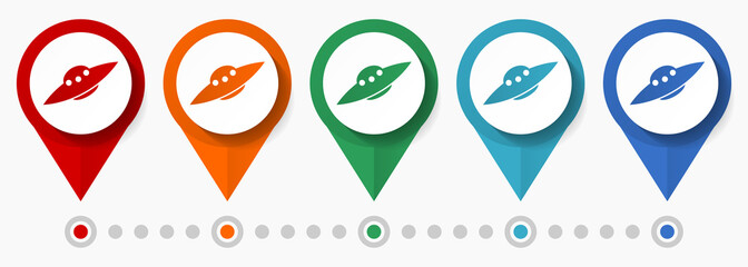 Alien spaceship concept vector icon set, flat design ufo pointers, infographic template easy to edit