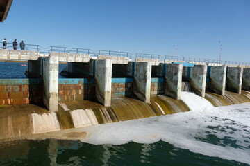 Aralsk, Kazakhstan - 10.06.2020 : The territory of the Kokaral dam. Regulation of the water level in the small Aral Sea.