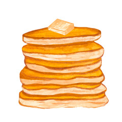stack of pancakes with butter on a white background. watercolor hand draw illustration for menu and logo