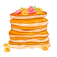 stack of pancakes with berries on a white background. watercolor hand draw illustration for menu and logo