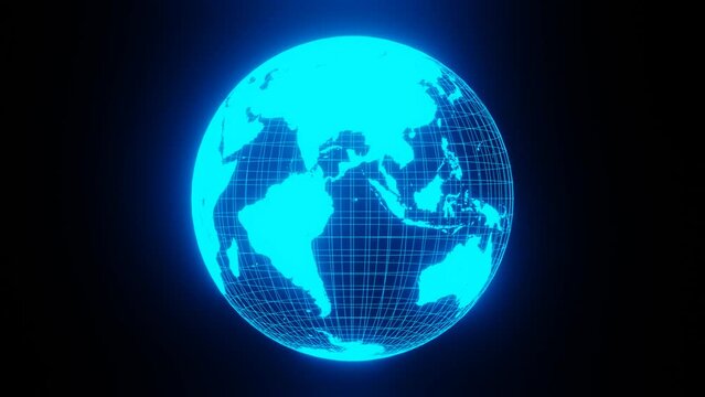 Hologram of rotating neon blue wireframe planet Earth. 3d globe animation on black background, seamless loop