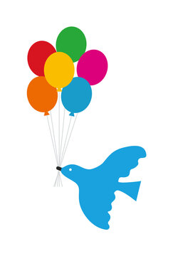 カラフルな風船をくわえて運ぶ青い鳥 - パーティ・SDGs・多様性のイメージ素材
