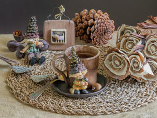 Flowers from natural materials. Beige-brown tones. The concept of natural materials and nature conservation