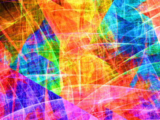 Fototapeta premium Imagen de arte conceptual digital compuesto de trazos aleatorios cortantes, solapados y translúcidos creando un conjunto con aspecto de superficie rallada en colores neón.