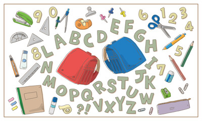 文具用品とランドセル、数字、アルファベットのセット