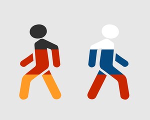 Image relative to politic and economic relationship between Germany and Russia. Pedestrians moving in opposite directions and textured by national flags