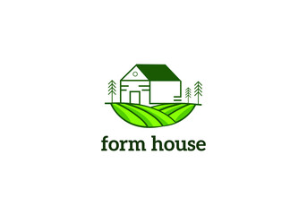 Farm House concept logo. Template with farm landscape. Label for natural farm products.