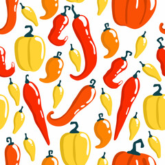 Pepper, bell pepper and chili seamless pattern. Red pepper pattern. Orange, yellow, red, sweet spice cartoon. Vector illustration on white background.