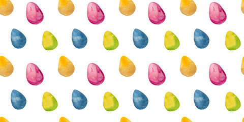 Simple easter watercolor eggs seamless pattern for spring holidays background. Bright multi-colored border for textile, wallpaper, paper, and party decoration.