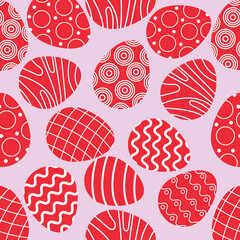 Vector seamless simple pattern with ornamental eggs. Easter holiday red background for printing on fabric, paper for scrapbooking, gift wrap and wallpapers