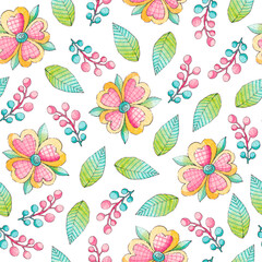 Spring illustration: leaves, flowers. Multicolored watercolor pattern.