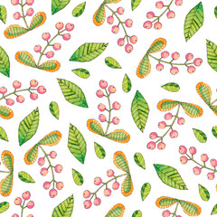 Spring illustration: leaves, flowers. Multicolored watercolor pattern.
