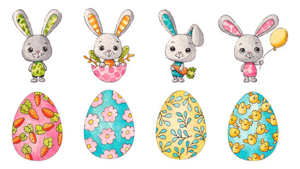 Easter set of watercolor illustrations. Easter bunnies and eggs.
