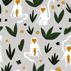 Seamless pattern.Colorful cute monkeys with plants on a light background.Vector illustration for design