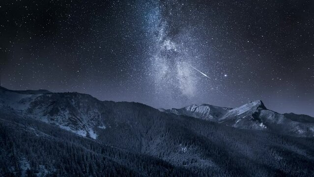 Timelapse of Tatra Mountains with milky way and falling stars