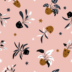Seamless pattern.Colorful houseplants arranged chaotically.Vector illustration for design