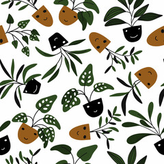 Seamless pattern.Colorful houseplants arranged chaotically.Vector illustration for design