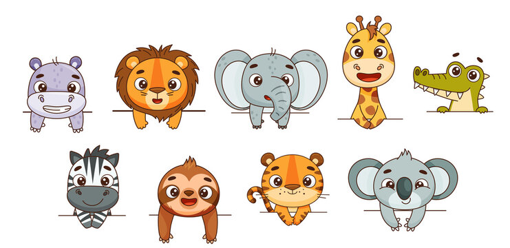 Set kids tropical animals look out from above. Hippo, lion, elephant, giraffe, crocodile, zebra, sloth, tiger, koala. Vector illustration for designs, prints, patterns. Isolated on white background