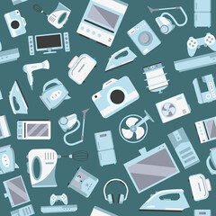 Electronics - Vector color background (seamless pattern) of symbols of camera, computer, washing machine, television and other appliances for graphic design