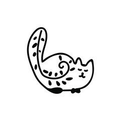 Vector simple black line cat illustration for Easter hand drawn. Single spring holiday animal picture in doodle style. Design for stickers, social media, cards, packaging, printing.