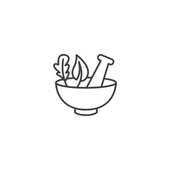 Pharmacy, mortar pestle with herb, leaf. Vector outline icon template