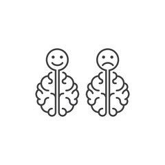 Brain with emotions, sad and happy mind, psychological. Vector outline icon template