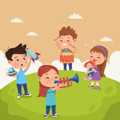 kids with toys in landscape