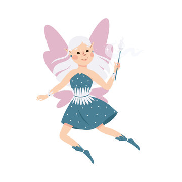 Cute Girl Fairy Flying with Wings Holding Magic Wand Vector Illustration