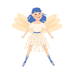 Cute Girl Fairy with Blue Hair Flying with Wings Vector Illustration
