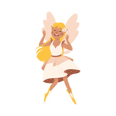 Cute Girl Fairy with Yellow Hair Flying with Wings Vector Illustration