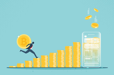 Bitcoin business - Businessman holding bitcoin in front of rising chart. bitcoin stock growth. chart shows a strong increase in the price of bitcoin. vector design