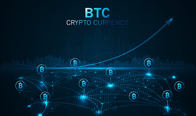 Bitcoin digital currency and world globe futuristic digital money technology worldwide network and bitcoin global network connection.   electronic cryptocurrency and modern technology. vector design