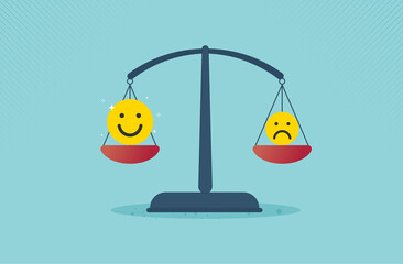 Emotional intelligence, balance emotion control feeling between work stressed or sadness and happy lifestyle concept. weight scale with emotional. vector design